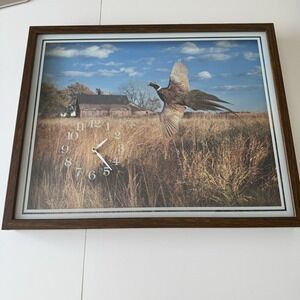 Vintage Pheasant Hunting Clock Painting Wood Frame Wall Decor TESTED - WORKS